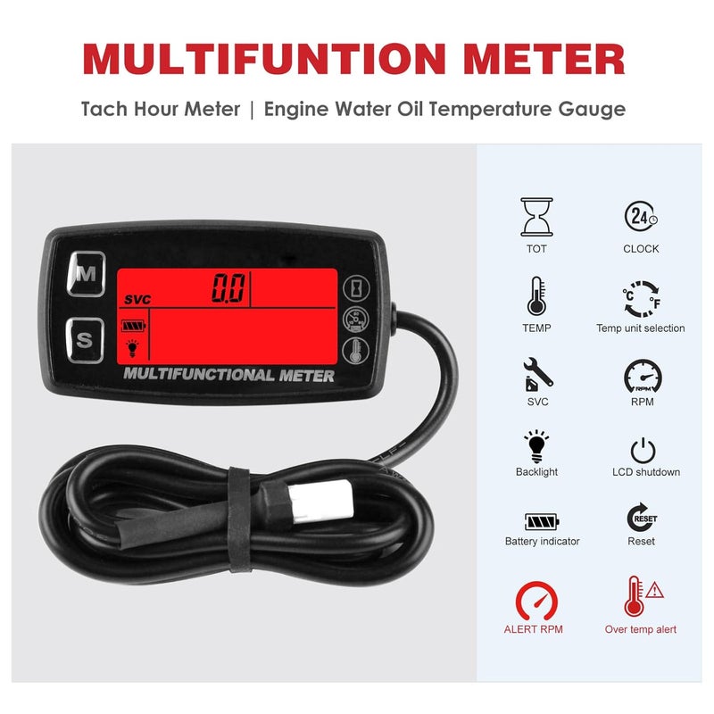 RileyFine Digital RPM Hour Meter, Engine Temperature Gauge for Lawn Mower Boat Motorcycle Tractor Generator Outboard ATV etc., RPM & Temperature Alarm, Backlit Display, Battery Replaceable - Image 3